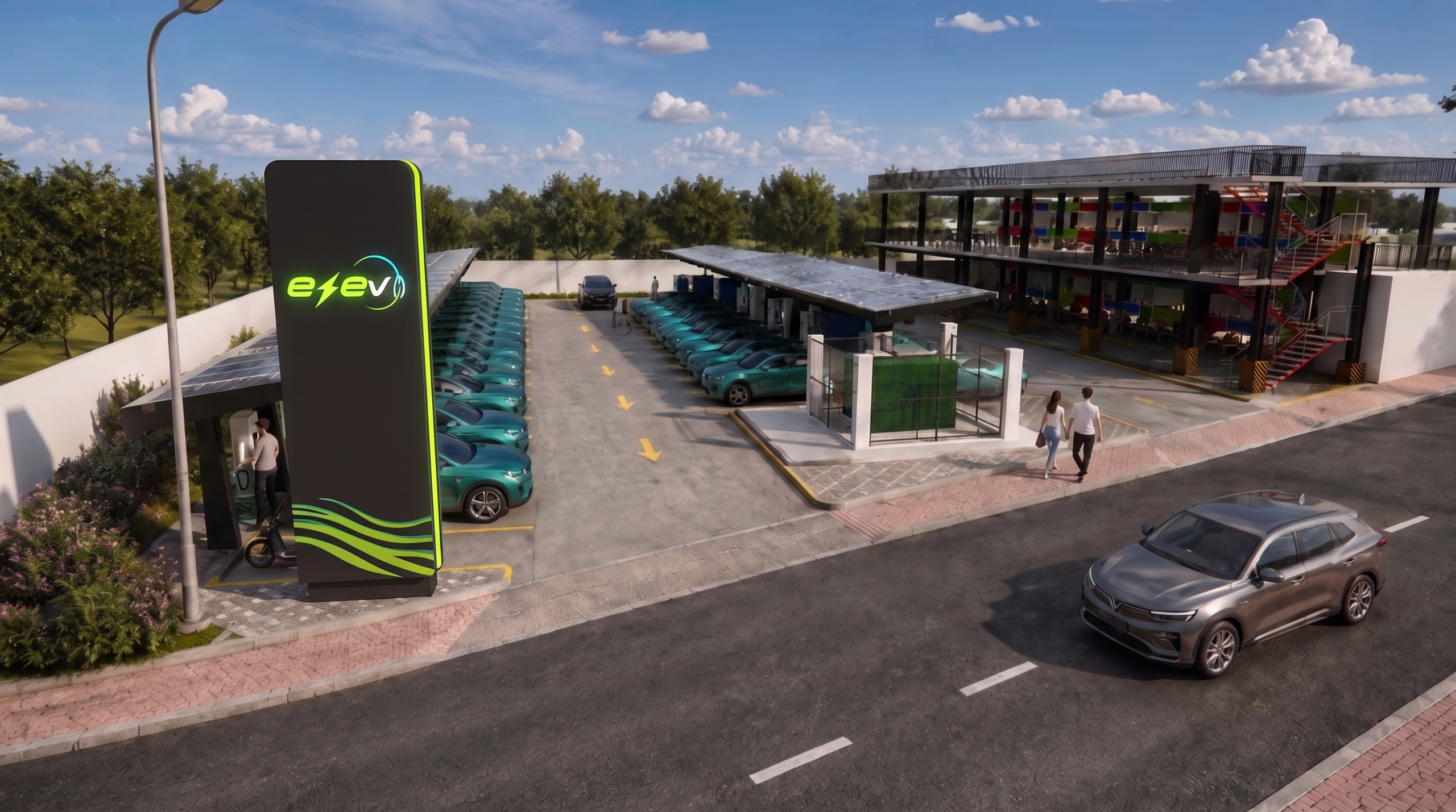 EZEV commercial charging hub with fleet vehicles and rooftop solar
