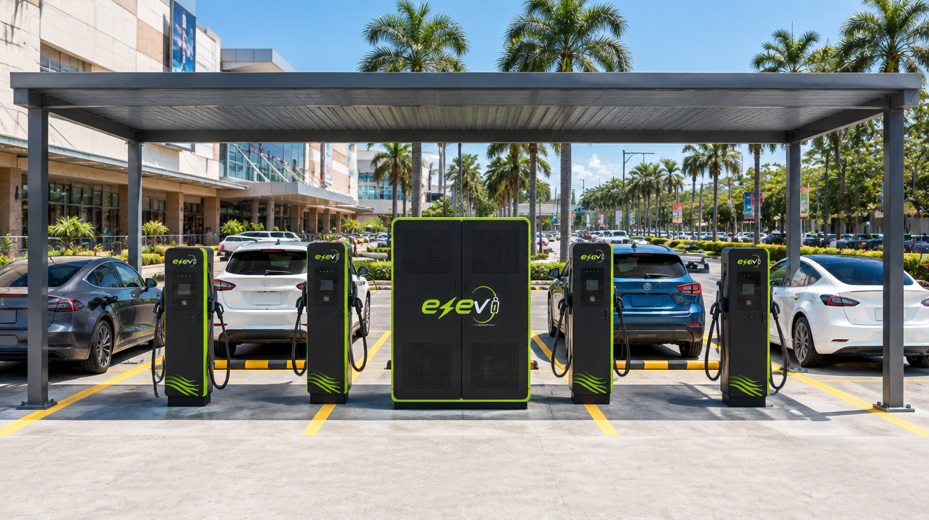 EZEV multi-bay charging canopy with drivers charging their vehicles