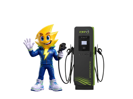 Zappy 3D EV Lightning Mascot next to DC Rapid Charger
