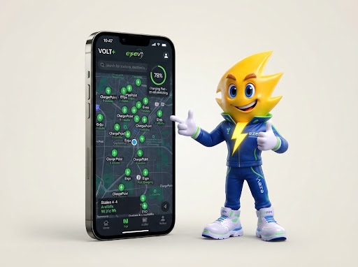 EZEV Smartphone App Showcase with Mascot Zappy